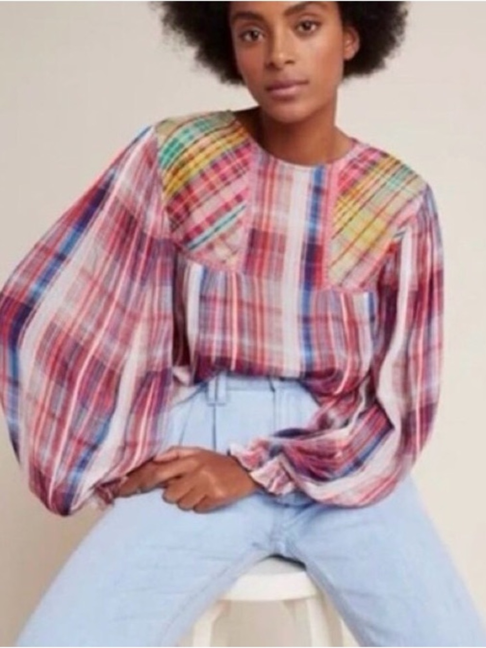 Multi-Color Plaid Balloon-Sleeve Blouse